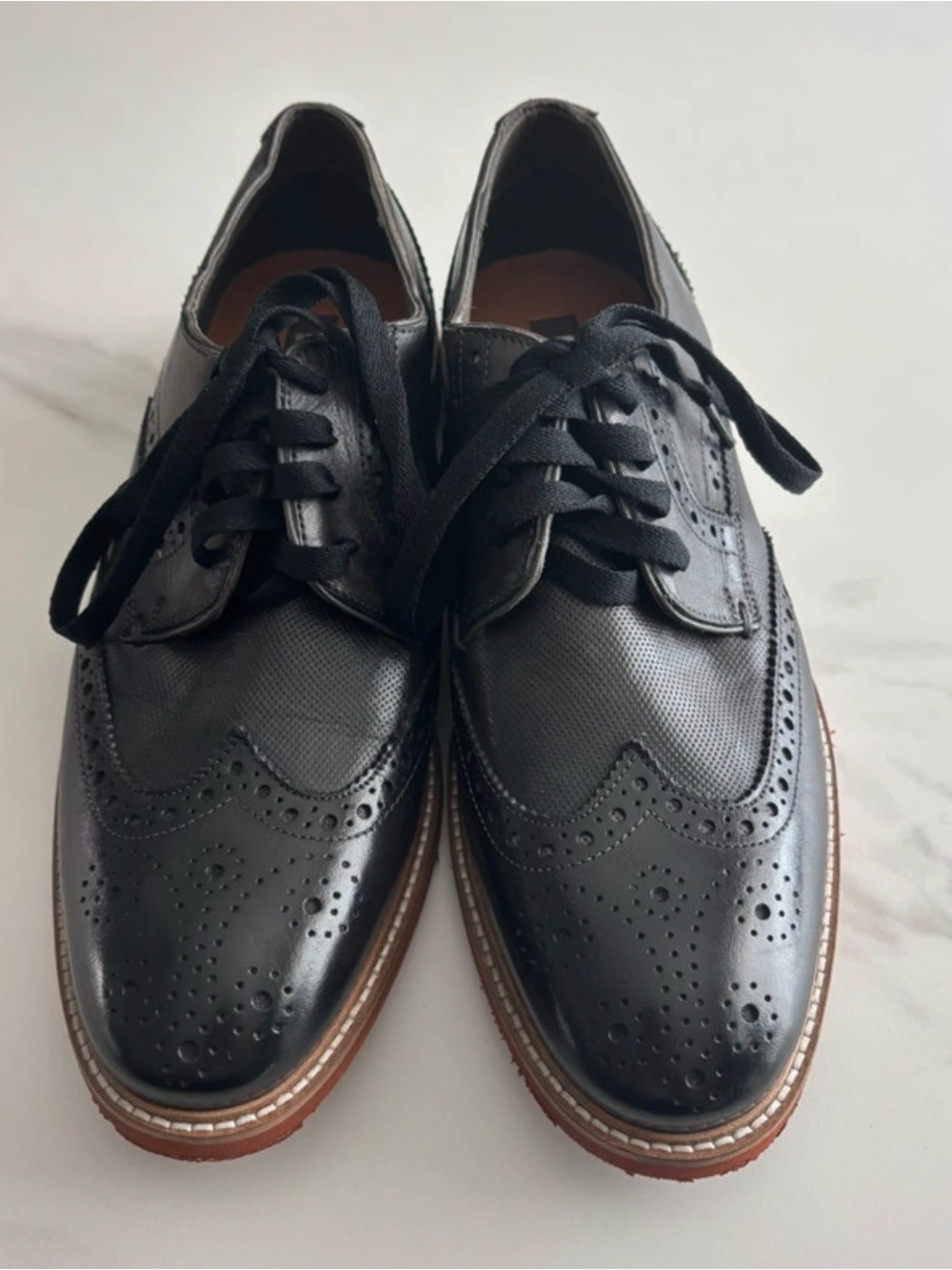 Gordon Rush Black Brogue Wingtip Oxfords with Brown Sole 10.5